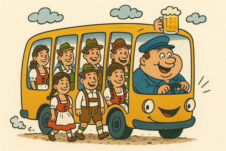 Vogelschießen Express Ein fröhlicher Busfahrer mit Bier und eine Gruppe traditionell gekleideter Menschen